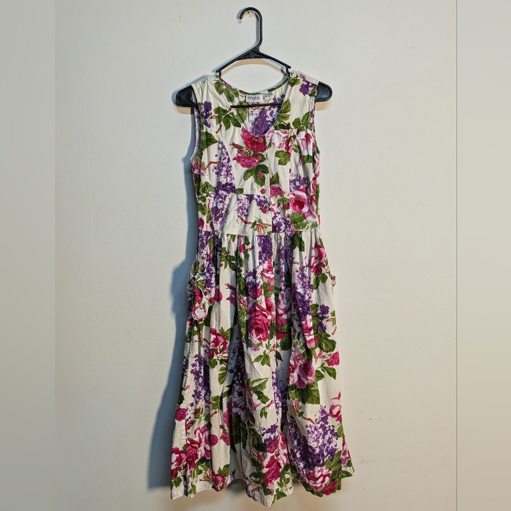 Vintage Early 90s White Pink Purple Floral Dress, Size M - Picture 1 of 13
